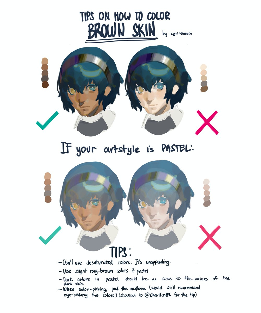 a short educational art tip i made on how to color brown skin regardless of art style!!