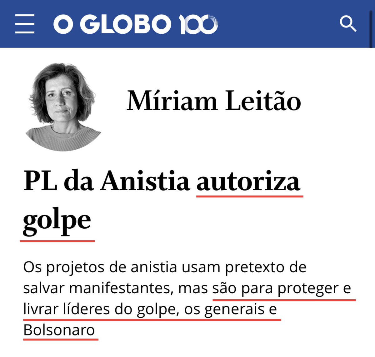 RomuloBDias's tweet photo. Miriam Leitão foi precisa sobre o PL da anistia:

• Autoriza novas tentativas de golpe
• Tem o objetivo de salvar Bolsonaro e demais líderes https://t.co/J4YI21Qn8N
