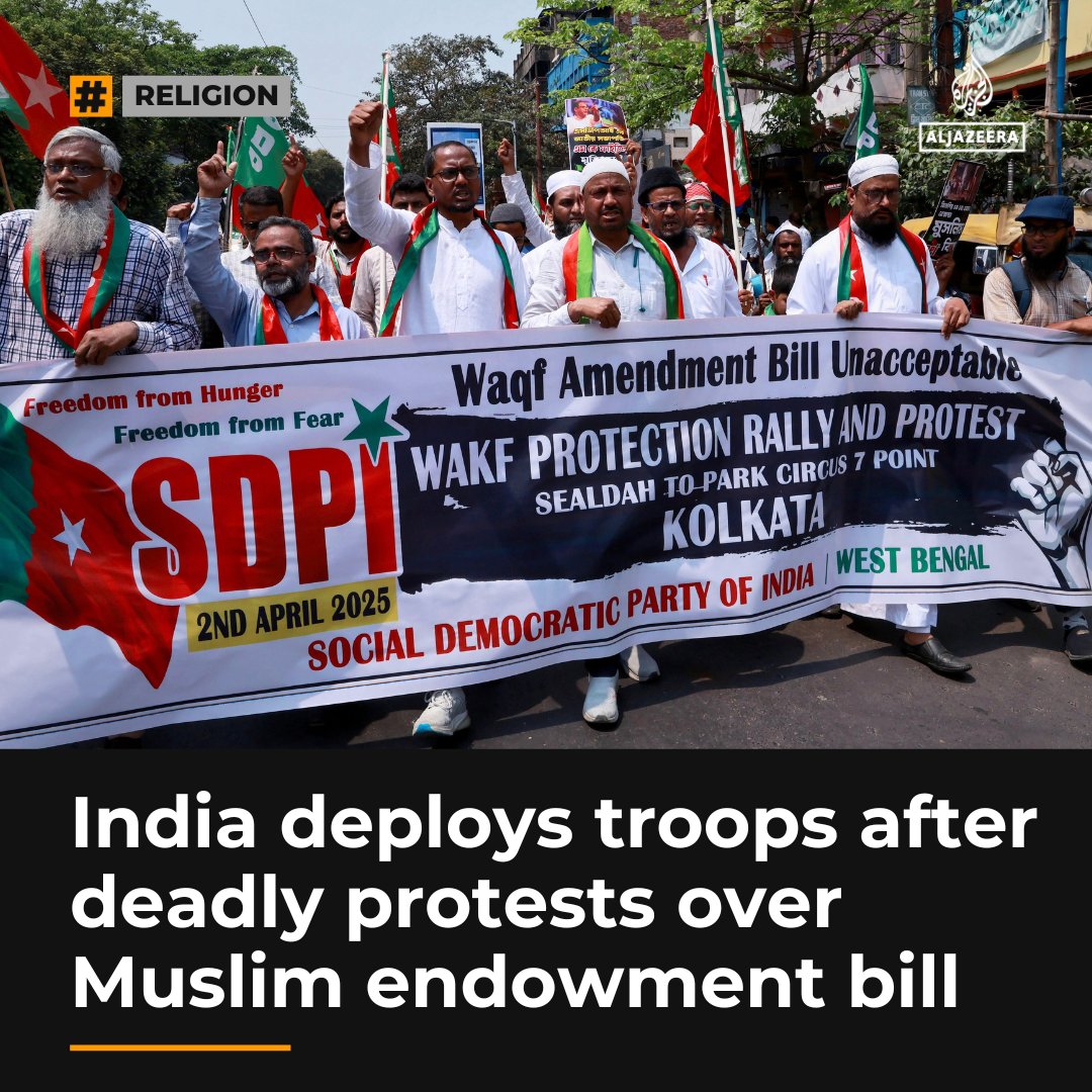 AJEnglish's tweet photo. Indian authorities have deployed troops to crack down on deadly protests in West Bengal state over a controversial bill that critics say would dilute the rights of Muslims to manage religious endowments worth more than $14bn https://t.co/9gCfOHuQnL https://t.co/43NMbH8sZ5