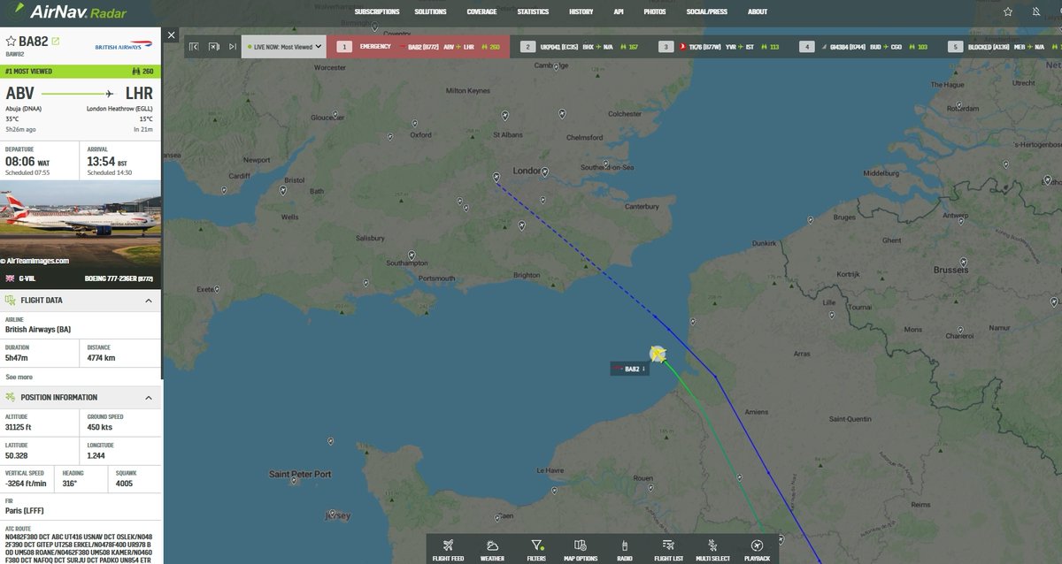 AvSourceNews's tweet photo. The British Airways Boeing 777 operating BA82 Abuja-London has changed it's squawk code from the emergency 7700 code to 4005.

Furthermore, we will continue to monitor the aircraft until it's arrival.

https://t.co/RcoDqrDXUk

@AirNavRadar

#BritishAirways #BA82 #Abuja #London #AvGeek