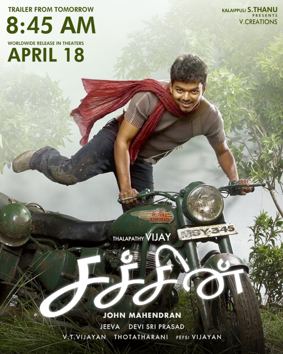 Kalaippuli S Thanu (@thevcreations) on Twitter photo Sachein release week countdown begins!
Trailer drops tomorrow at 8:45 AM!
#Sachein Grand theatrical release on April 18th
Thalapathy <a href="/actorvijay/">Vijay</a> <a href="/Johnroshan/">John Mahendran</a> <a href="/ThisIsDSP/">DEVI SRI PRASAD</a> <a href="/geneliad/">Genelia Deshmukh</a> #Vadivelu <a href="/iamsanthanam/">Santhanam</a> <a href="/bipsluvurself/">Bipasha Basu</a> #ThotaTharani #VTVijayan #FEFSIVijayan <a href="/idiamondbabu/">Diamond Babu</a> Sachein release week countdown begins!
Trailer drops tomorrow at 8:45 AM!
#Sachein Grand theatrical release on April 18th
Thalapathy <a href="/actorvijay/">Vijay</a> <a href="/Johnroshan/">John Mahendran</a> <a href="/ThisIsDSP/">DEVI SRI PRASAD</a> <a href="/geneliad/">Genelia Deshmukh</a> #Vadivelu <a href="/iamsanthanam/">Santhanam</a> <a href="/bipsluvurself/">Bipasha Basu</a> #ThotaTharani #VTVijayan #FEFSIVijayan <a href="/idiamondbabu/">Diamond Babu</a>