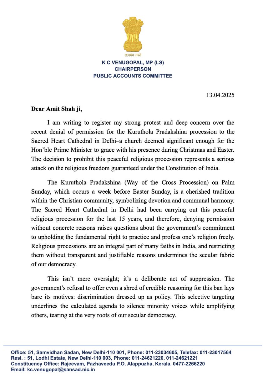 INCIndia's tweet photo. Congress Gen Secy (Org) and Chairperson - Public Accounts Committee Shri @kcvenugopalmp writes to Union Home Minister Shri Amit Shah on the denial of permission by the Delhi Police for the sacred procession on Palm Sunday. 👇 https://t.co/kYYAVxAl15