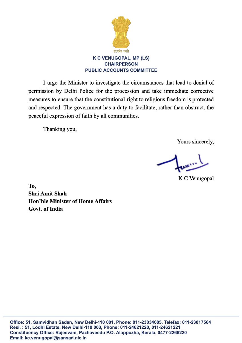 INCIndia's tweet photo. Congress Gen Secy (Org) and Chairperson - Public Accounts Committee Shri @kcvenugopalmp writes to Union Home Minister Shri Amit Shah on the denial of permission by the Delhi Police for the sacred procession on Palm Sunday. 👇 https://t.co/kYYAVxAl15