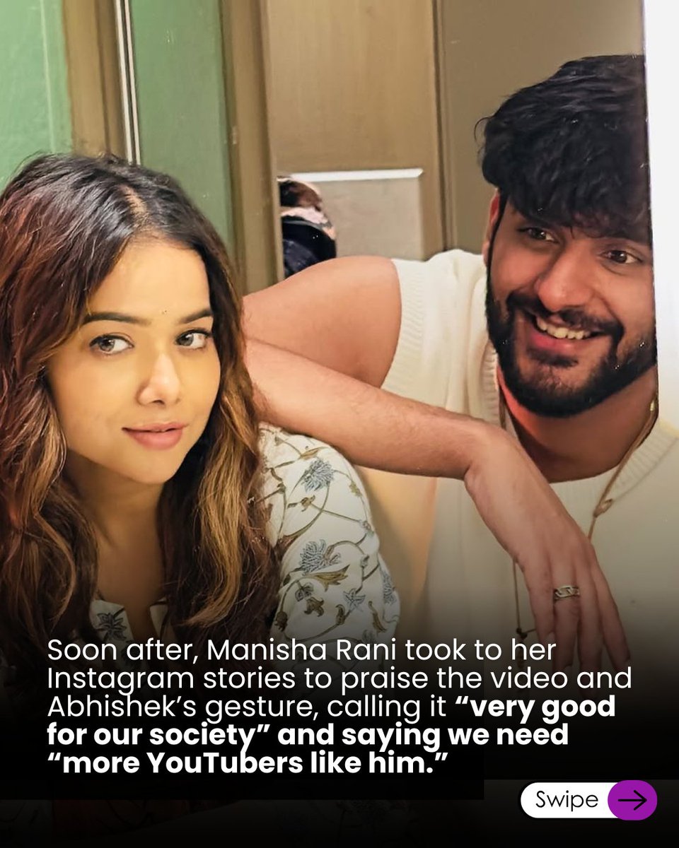 WhosThat360's tweet image. "Is video ko aap log itna pyaar dijiyega ki isse inspire hoke aur bhi log aise kaam karein," wrote Manisha Rani, applauding the heartfelt gesture.

More power to you, Abhishek Malhan! 👏

#ManishaRani #AbhishekMalhan
#AbhiSha