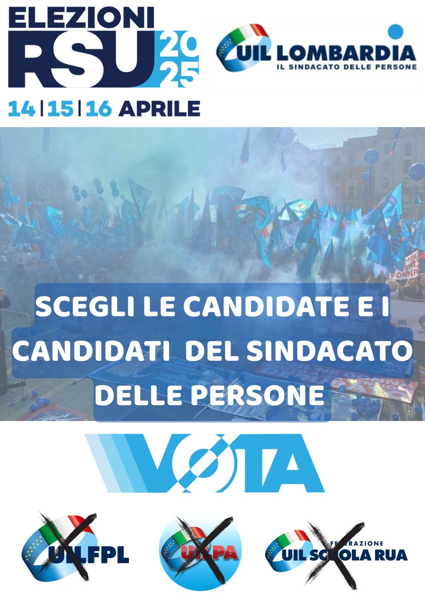 Uil Milano Lombardia (@uilmilanolombar) on Twitter photo #ElezioniRSU2025
🔵 Il 14-15-16 aprile faai la scelta giusta:
UIL Diamo voce alle persone
👉 uilmilanolombardia.it/elezioni-rsu-2…
<a href="/UILofficial/">Uil Nazionale</a> <a href="/Vizza1972/">Enrico Vizza</a> <a href="/UILFPLNAZIONALE/">UIL FPL NAZIONALE</a> <a href="/uilpanazionale/">UIL PA Nazionale</a> <a href="/uilscuolanazio1/">uilscuolanazionale</a> <a href="/VincenzoCesare2/">Vincenzo Cesare</a> <a href="/edacquino/">Eloisa Dacquino</a> <a href="/montedurototi/">salvatore monteduro</a> <a href="/enriazz/">Enrico Azzaro</a> <a href="/UILFPLMILANO/">UILFPL MILANO</a> <a href="/UILPAMilano/">UIL PA Lombardia</a> #ElezioniRSU2025
🔵 Il 14-15-16 aprile faai la scelta giusta:
UIL Diamo voce alle persone
👉 uilmilanolombardia.it/elezioni-rsu-2…
<a href="/UILofficial/">Uil Nazionale</a> <a href="/Vizza1972/">Enrico Vizza</a> <a href="/UILFPLNAZIONALE/">UIL FPL NAZIONALE</a> <a href="/uilpanazionale/">UIL PA Nazionale</a> <a href="/uilscuolanazio1/">uilscuolanazionale</a> <a href="/VincenzoCesare2/">Vincenzo Cesare</a> <a href="/edacquino/">Eloisa Dacquino</a> <a href="/montedurototi/">salvatore monteduro</a> <a href="/enriazz/">Enrico Azzaro</a> <a href="/UILFPLMILANO/">UILFPL MILANO</a> <a href="/UILPAMilano/">UIL PA Lombardia</a>