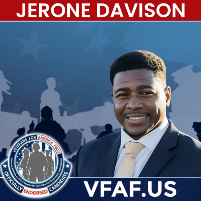 VFAFWarroom's tweet photo. VFAF Endorsement Alert - Jerone Davison for Congress Arizona District 4 #AZCD4 @Jerone4Congress 

Veteran Jerone Davison Former NFL player, Pastor, Veterans for Trump,  and producer of the viral video Making Rifles Great Again has been endorsed by VFAF Veterans for America First @VFAFWarroom for his congressional run 

Jerone has been a fighter for President Trump and Saving America. He will create an internet bill of rights and work on banning Soros funding from politics. Jerone is the only candidate that can flip the seat!