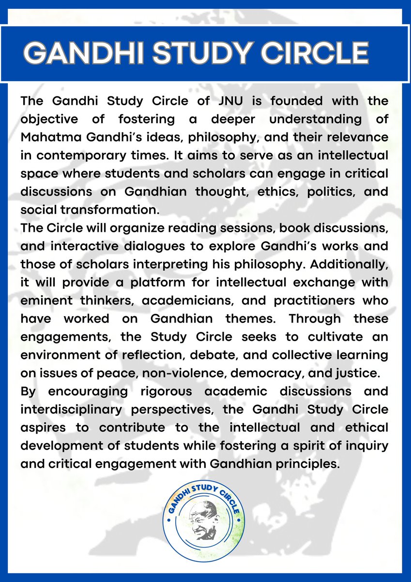 Mohammad Siddique JNU (@mohdsiddiquejnu) on Twitter photo Honoured to share that on 8th February, along with my friends Avik, Shanil, and Sachin, I laid the foundation of the GANDHI STUDY CIRCLE, JNU — an independent, student-driven academic forum at Jawaharlal Nehru University (JNU).
Email ID - gandhistudycirclejnu@gmail.com Honoured to share that on 8th February, along with my friends Avik, Shanil, and Sachin, I laid the foundation of the GANDHI STUDY CIRCLE, JNU — an independent, student-driven academic forum at Jawaharlal Nehru University (JNU).
Email ID - gandhistudycirclejnu@gmail.com