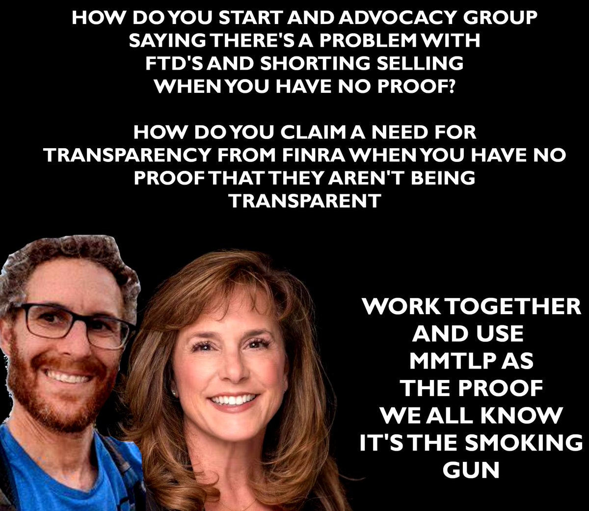 Giftsonglass's tweet photo. #MMTLP 
MMTLP is sitting right in front of you.
You KNOW a share count could make what you're both fighting for move a lot faster.

Advocate for a sharecount
Prove FTD's exist
Prove Finra isn't being transparent.

All for the greater good https://t.co/Jc1FCA2cB2