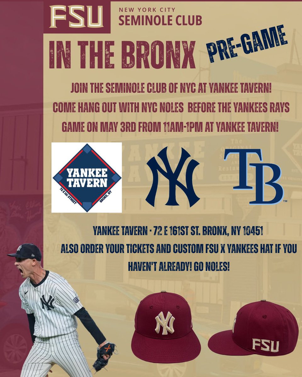 FSUnyc's tweet image. Join @FSUnyc Pre-Game at @YankeeTavern before the Yankees vs Rays game on May 3rd from 11am-1pm! Still time to get your tickets and exclusive @Seminoles X @Yankees hat below! Go Noles! #NYCNoles #FSU #Noles #Yankees #YankeeTavern #MLB #FSUAlumni ⚾️ 🍢🗽

gofevo.com/event/Floridas…