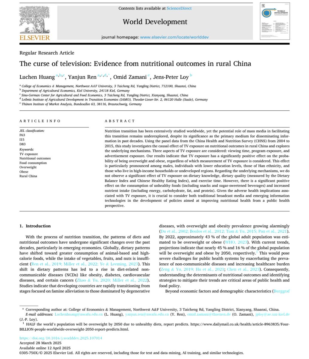 Omiddadd's tweet photo. Our latest paper in World Development, co-authored with Luchen Huang, Yanjun Ren, and Jens Peter Loy, explores how access to information and television exposure influences nutritional intake in China.
#China #foodpolicy https://t.co/sLFtp26qFZ