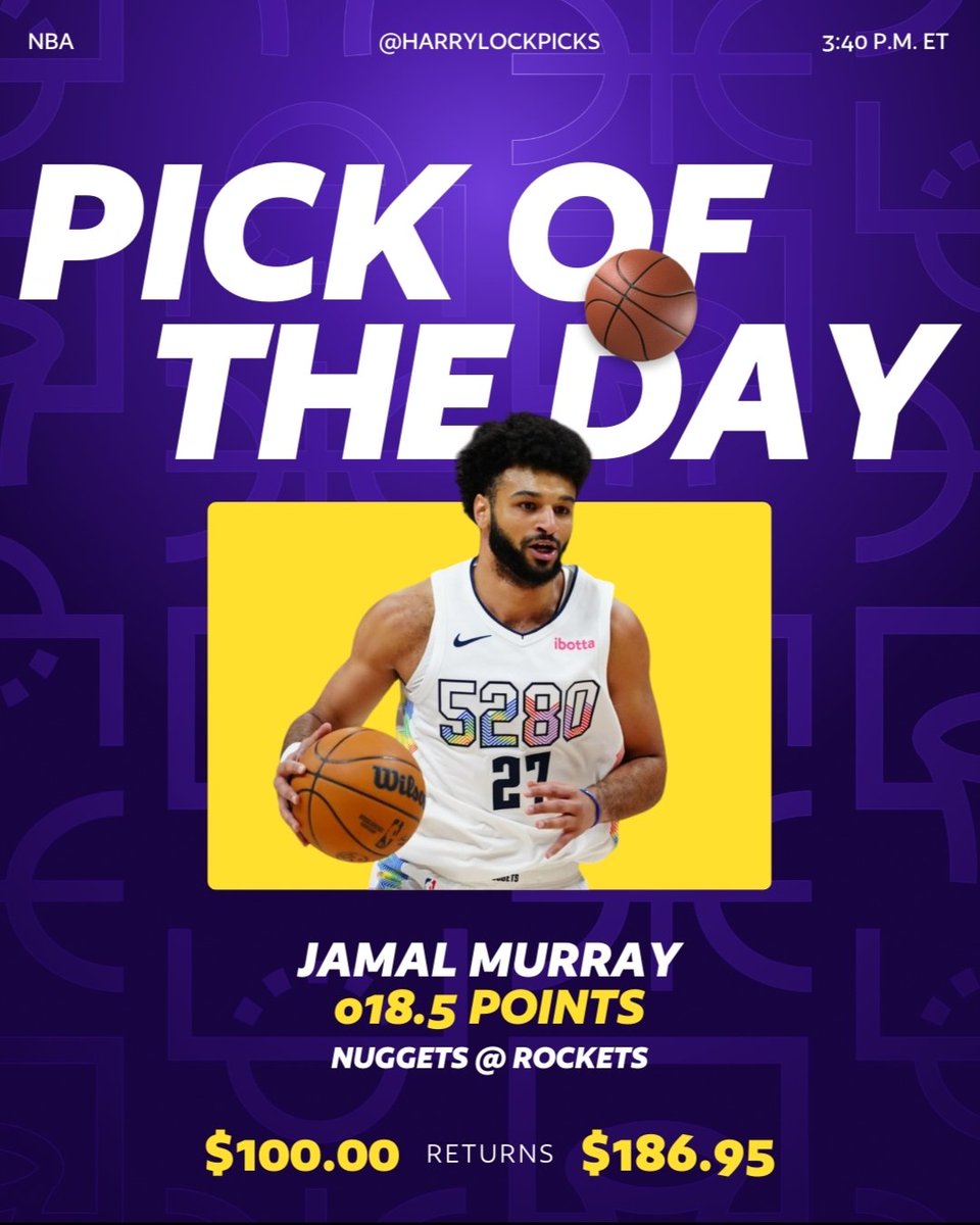 HarryLockPicks's tweet photo. 🏀 NBA Pick of the Day
⛰️ Jamal Murray o18.5 Pts
🏟️ Nuggets @ Rockets

Research below. ⬇️ https://t.co/1j6fAnd5fZ
