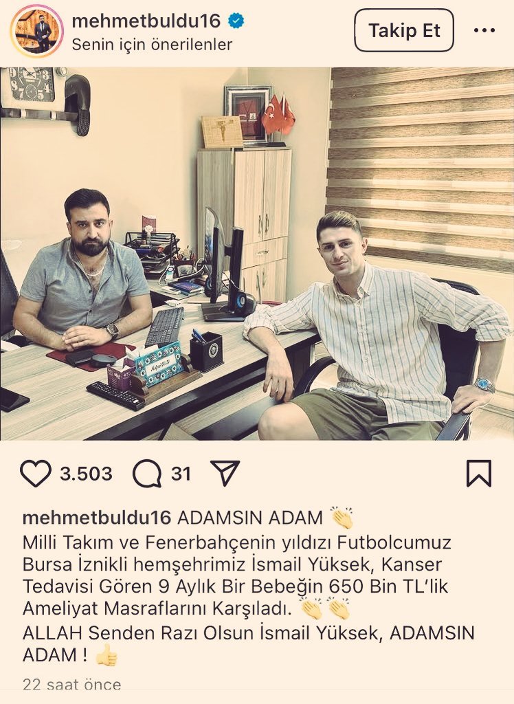 Fenerbahçeli İsmail Yüksek, kanser hastası bir çocuğun 650 bin liralık tedavi masrafını üstlendi.
