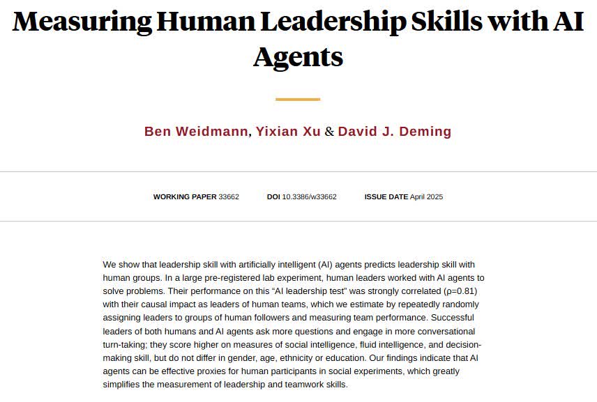 NBER (@nberpubs) on Twitter photo Leaders who are good at managing artificially intelligent agents are also good at managing humans, from Ben Weidmann, Yixian Xu, and <a href="/ProfDavidDeming/">David Deming</a> nber.org/papers/w33662 Leaders who are good at managing artificially intelligent agents are also good at managing humans, from Ben Weidmann, Yixian Xu, and <a href="/ProfDavidDeming/">David Deming</a> nber.org/papers/w33662