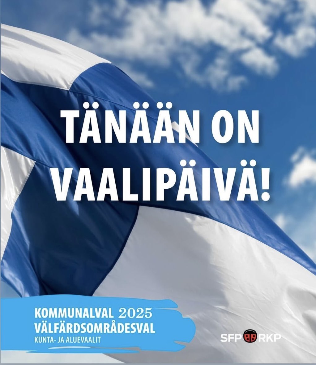 Idag är det fest. Använd din röst och påverka vilka som ska få bestämma i just din kommun och ditt välfärdsområde. Ta inget för givet! 

Tänään on juhlapäivä. Saamme äänestää kunta-ja hyvinvointialuevaaleissa. Kun äänestät olet mukana vaikuttamassa oman kuntasi kehityssuunnasta.
