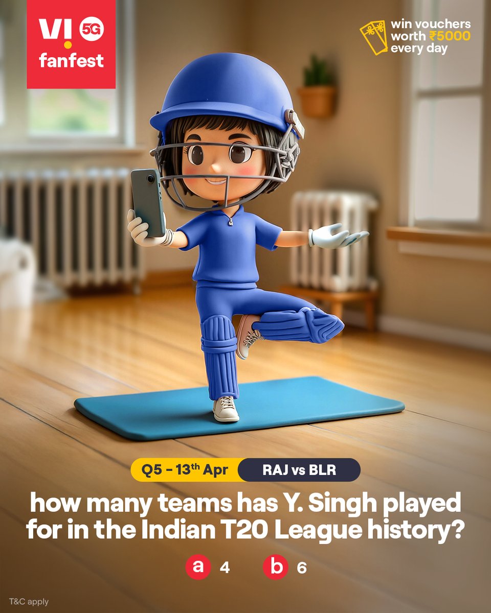 Cricky is testing your cricket IQ 🏏💡
Comment #Vi5Gfanfest with the right answers to all 5 questions today and stand a chance to win vouchers worth ₹5,000 🎟️✨🏆
.
.
#ChallengeAlert #WinPrizes #Quiz #ParticipateAndWin #RAJvsBLR #Rajasthan #Bengaluru