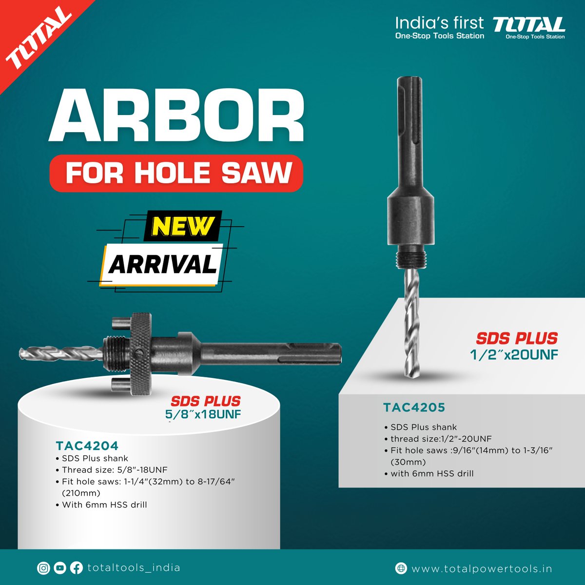 totaltoolsind's tweet image. 🔩 Achieve Secure &amp;amp; Precise Hole Cutting! ⚙️
The Total Arbor for Hole Saw (SDS Plus 5/8” &amp;amp; 1/2”) is built for stability &amp;amp; durability!

✔️ Thread Sizes: 5/8"-18UNF &amp;amp; 1/2"-20UNF
✔️ Fits Hole Saws (14mm - 210mm)

🛒 Order Now: totalpowertools.in
#TotalTools #HoleSaw