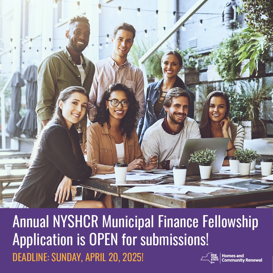 NYSHCR Municipal Finance Fellowship open until 4/20/25! Full-time, year-long  rotations in affordable housing. For NYS residents, US permanent residents,  under-represented in finance. Apply: https://t.co/3jonkJvlyx