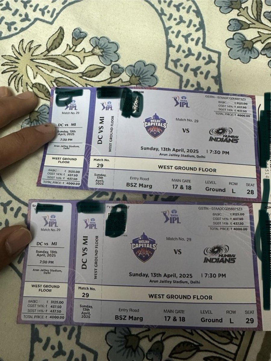 #DCvsMI  , #MIvsDC 

TODAY MATCH AT DELHI

LAST 3 tickets for sale

40% discount available 

East stand 1st floor 
West stand ground floor

Dm me on whatsapp 8982156123 to buy

#ipltickets #iplticket #dctickets #mitickets #dcvsmitickets
