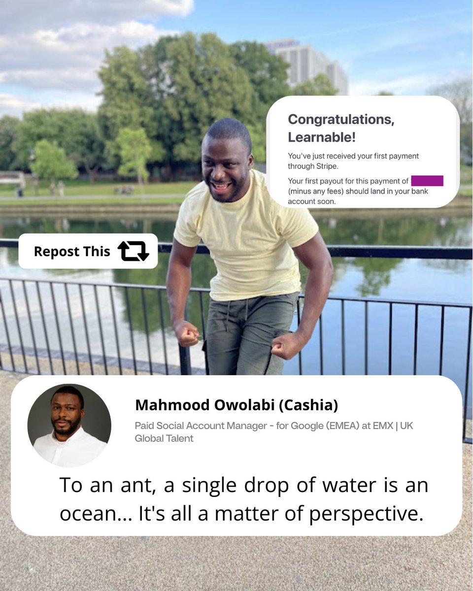 iamcashia's tweet image. “Btw… we just made our first money, Mahmood.”

That’s what my co-founder, @misteryomi, said at the end of last week.
35 days after launching @thisislearnable, we generated our first revenue.
And while that’s exciting, the why behind my happiness runs deeper.