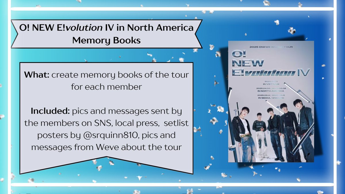 oneweveparty's tweet photo. 📚 O! NEW E!volution IV in N. America Memory Books 📚

We'll be printing books to give the members as keepsakes of their first N. American tour! Please help us fill the books with happy memories by filling out the Google Form. 

DM us with any ?s! 🫶

https://t.co/Oh1K7tP2EZ https://t.co/QjFUaiMo6U