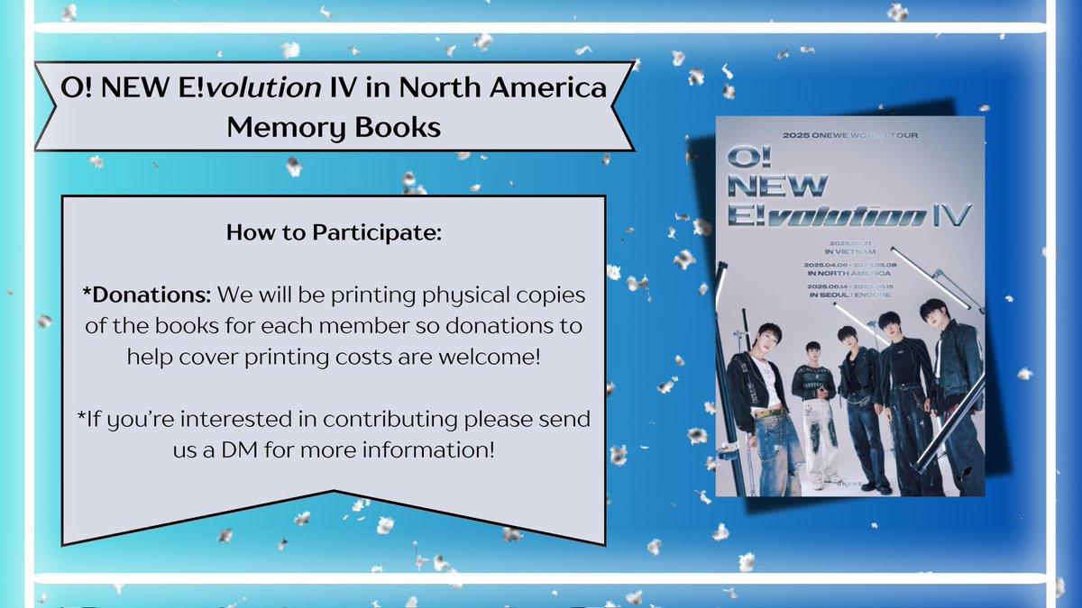 oneweveparty's tweet photo. 📚 O! NEW E!volution IV in N. America Memory Books 📚

We'll be printing books to give the members as keepsakes of their first N. American tour! Please help us fill the books with happy memories by filling out the Google Form. 

DM us with any ?s! 🫶

https://t.co/Oh1K7tP2EZ https://t.co/QjFUaiMo6U