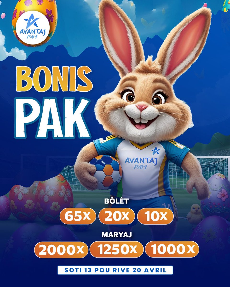 AvantajPam's tweet photo. Spesyal Semèn Pak
Bolèt : 6️⃣5️⃣✖➖2️⃣0️⃣✖➖1️⃣0️⃣
Maryaj :2️⃣0️⃣0️⃣0️⃣✖➖1️⃣2️⃣5️⃣0️⃣✖➖1️⃣0️⃣0️⃣0️⃣
Soti 13 Avril Pou Rive 20 Avril
Avantaj Pam, Chans Ou, Avantaj Ou.
#Avantaj
#Paryaj
#Bolet
#MaryajGratis https://t.co/x8vlV9bUa8