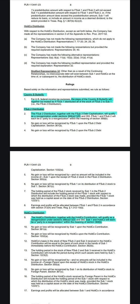 BobbyCat42's tweet photo. Putting more pieces together 
👷‍♂️🦋🧩🧸

IRS #202404005 was ruled on 10/27/23 and released for public view on 1/26/24 in response to a request for rulings on federal income tax consequences of proposed transactions dated June 30, 2023. (The day after the 202339007 ruling)

Here is the summary from Grok:

Structure and Entities:

• Foreign Parent: A publicly traded corporation and the parent of a worldwide group of entities.

• Sub 1 and Sub 2: U.S. domestic corporations owned by Foreign Parent, with Sub 1 owning Sub 2.

• FSub 1 and FSub 2: Foreign subsidiaries of Sub 1, treated as disregarded entities for U.S. federal tax purposes.

• HoldCo: A domestic corporation owned by Sub 1.

• New FSub 2: A new foreign entity to be created during the transaction.

• Business A1, A2, B1, B2: Operating businesses held by the entities.

Proposed Transactions: 

The transactions involve a series of steps to reorganize the corporate structure: 

• FSub 1 Debt Capitalization: FSub 1 capitalizes intercompany obligations owed by FSub 2. 

• Sub 1 Incorporates NewCo: Sub 1 forms a new Country B entity (NewCo) as a disregarded entity for U.S. tax purposes. 

• FSub 2 Reorganization: FSub 2 transfers assets to NewCo in a tax-free reorganization under Country B laws (the "Country B Butterfly"). 🦋

• FSub 2 reorganizes into a new class of common shares, which are split between Sub 1 and NewCo.

• Sub 1 contributes preferred shares (FSub 1 PS) to NewCo, and NewCo contributes shares to FSub 2. 

• FSub 1 redeems FSub 1 PS issued to NewCo for a non-interest-bearing note (Note 1), and NewCo redeems Note 1 for a new note (Note 2). 

• Amalgamation: NewCo and FSub 2 amalgamate to form New FSub 2. 

• Sub 1 Incorporates HoldCo: Sub 1 incorporates HoldCo as a domestic corporation. 

• Sub 1 Transfers to HoldCo: Sub 1 contributes New FSub 2 and Sub 3 to HoldCo in exchange for HoldCo stock (the "HoldCo Contribution"). 

• Sub 1 Distributes HoldCo Shares: Sub 1 distributes HoldCo shares to Foreign Parent (the "HoldCo Distribution"). 

• HoldCo Merger: HoldCo merges with and into Sub 1, with Sub 1 surviving (the "HoldCo Surviving Merger"). 

FSub 2 and HoldCo Distributions:

• FSub 2 Distribution: FSub 2 distributes stock to Sub 1, qualifying as a tax-free reorganization under IRC § 368(a)(1)(D) and § 355. 

• HoldCo Distribution: Sub 1 distributes HoldCo stock to Foreign Parent, also qualifying as a tax-free distribution under § 355. 

• Neither distribution results in gain or loss under § 361 or § 355, and the holding periods for the stock carry over. 

Rulings Requested: 

• The Country B Butterfly 🦋 qualifies as a tax-free reorganization for FSub 2. 

• The FSub 2 Distribution and HoldCo Distribution are tax-free under § 355 and § 368(a)(1)(D). 

• No gain or loss is recognized by the entities involved in the distributions.

• Earnings, profits, and basis are allocated per IRC § 312(h). 

Representations:
The company makes several representations, including that the transactions are not part of a plan to increase foreign tax credits, and the distributions meet the requirements of § 355 (e.g., continuity of interest, business purpose).

202339007, issued on June 29, 2023, likely provided general guidance on tax issues relevant to the PLR’s proposed transactions, such as the application of § 355 and § 368 to cross-border reorganizations involving disregarded entities. 

The taxpayer, aware of this guidance, submitted a PLR request on June 30, 2023, to confirm that their specific restructuring— involving the Country B Butterfly, FSub 2 Distribution, and HoldCo Distribution 🧸—would be tax-free. 

$BBBY $BBBYQ 🏴‍☠️🚀