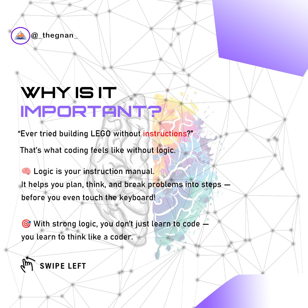 theGnaNTechHub's tweet image. 🧠 Great coders don’t start with syntax — they start with logic.
Think step-by-step, like a computer.
If you're a student just starting out, this is where your journey begins.
Start slow, think logically-code will follow.
#LogicBuilding #TheGnaN #ThinkLikeAProgrammer #CodingTips