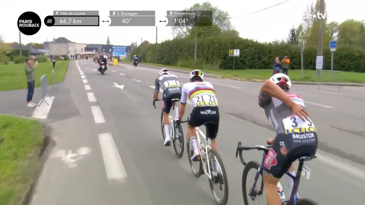 parisroubaix's tweet photo. 🏁 66 km

🇸🇮@TamauPogi was joined by 🇳🇱@mathieuvdpoel and 🇧🇪@JasperPhilipsen, while 🇨🇭@aka_muni suffered a puncture. It’s down to three at the front.

🇸🇮@TamauPogi a été rejoint par 🇳🇱@mathieuvdpoel puis 🇧🇪@JasperPhilipsen alors que 🇨🇭@aka_muni a crevé lui aussi. Ils sont dont 3 en tête désormais. 

#ParisRoubaix 😈