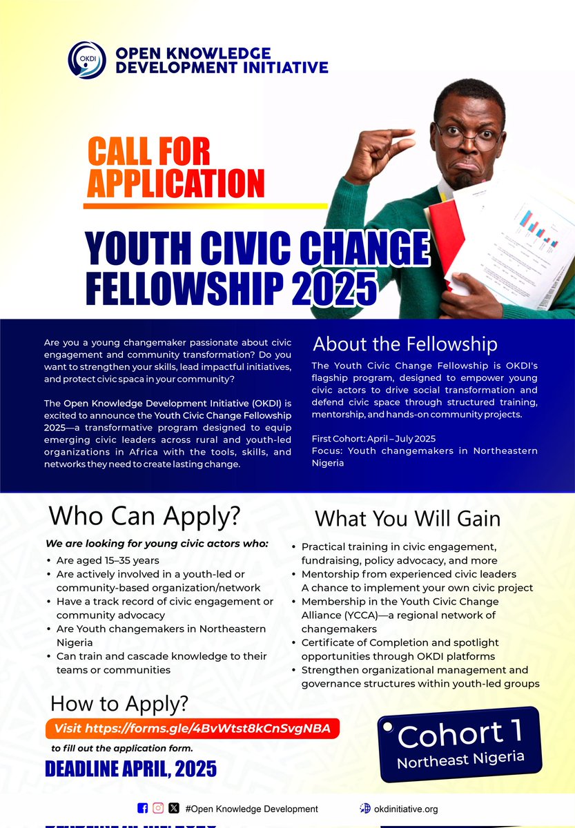 open_know_Dev's tweet photo. At Open Knowledge Development Initiative (OKDI), we are proud to announce the call for applications for the Youth Civic Change Fellowship 2025!

The Youth Civic Change Fellowship 2025 is a dynamic and transformative program designed to equip emerging civic leaders from rural https://t.co/QwtYvTWiqz