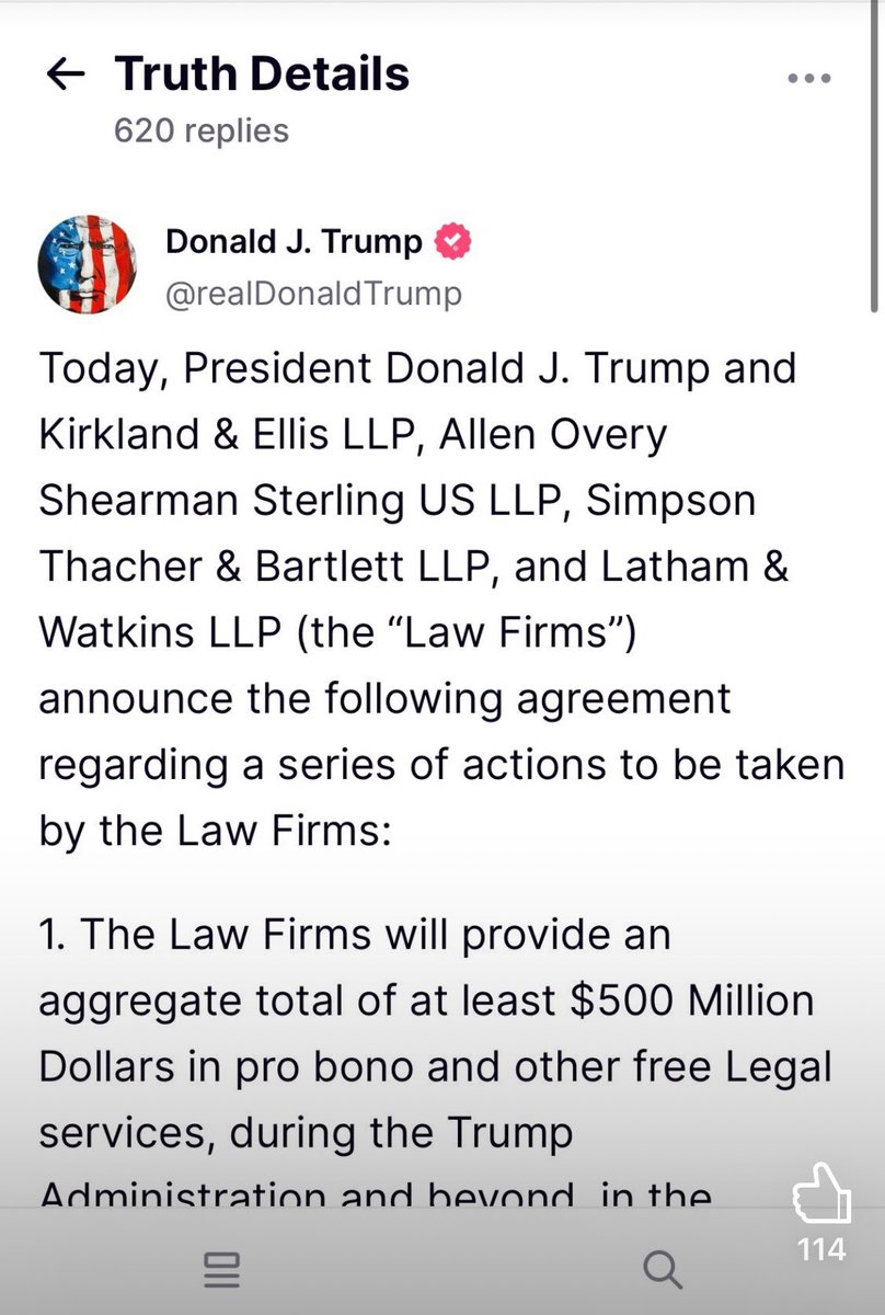 HexCrypto_BTC's tweet photo. Congratulations to DJT for opening the flood gate of benefiting the rich (i.e. Trump family) by receiving $500 million “pro bono” legal services. Why? As far as I know, A&O, Kirkland and others don’t even have the manpower to handle common civic matters by this large amount (by fees charged). They can put all the summer interns into the pro bono pool and this fee cap might needs 10 years to fulfill. Common people never go to Kirkland for their civil legal matters.