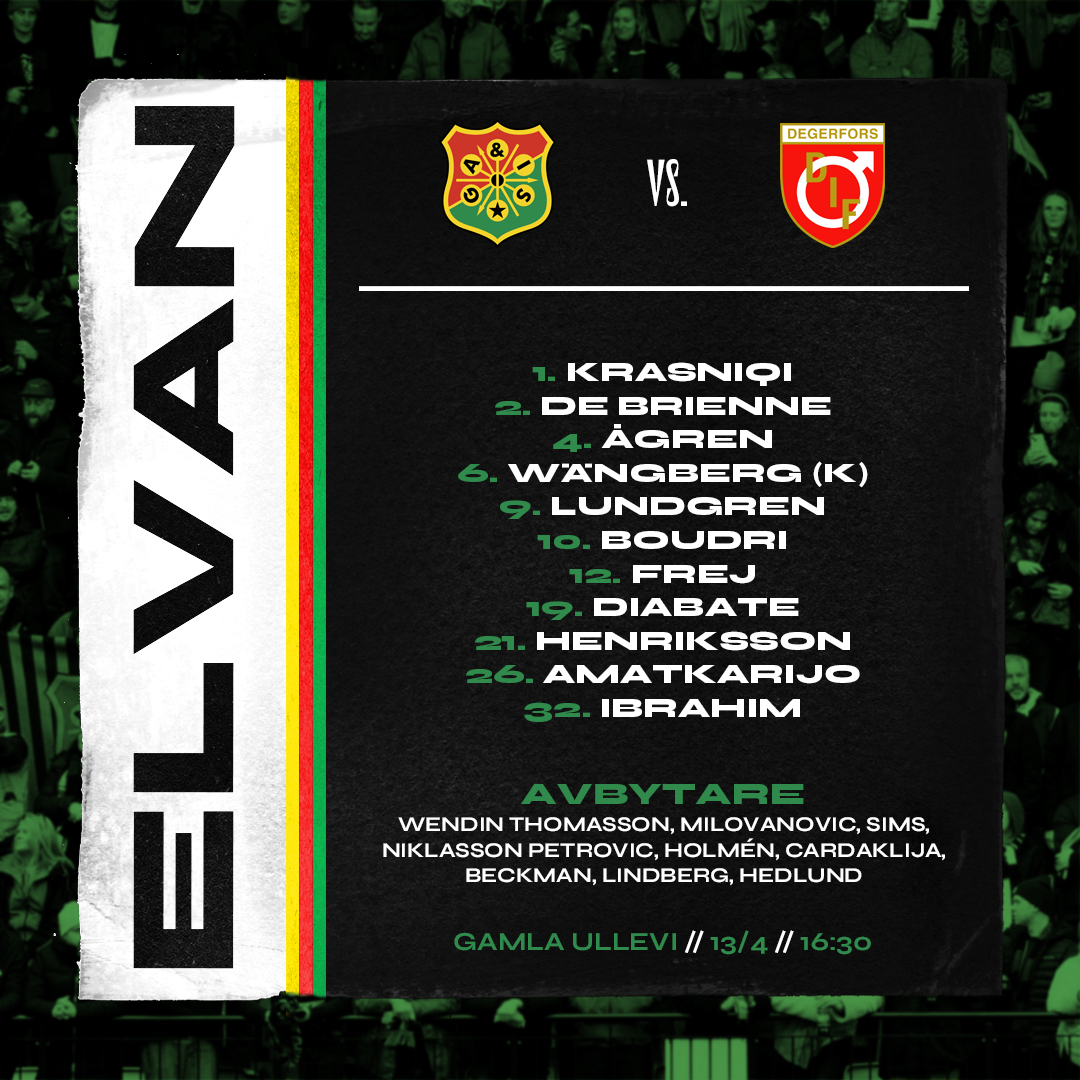 GAIS_SE's tweet photo. Startelvan mot Degerfors!

Krasniqi -
Wängberg, Frej, Ågren, De Brienne -
Henriksson, Ibrahim, Boudri -
Lundgren, Diabate, Amatkarijo https://t.co/pOw1oNdcLV