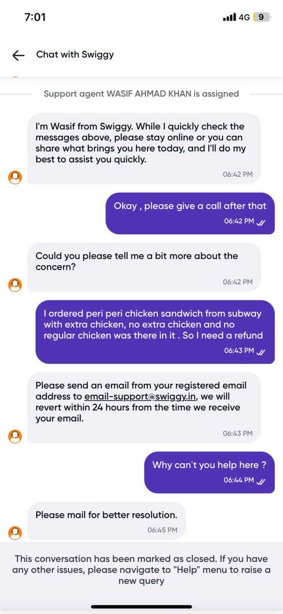Mithunnair03's tweet photo. @SwiggyCares Just go through these customer support chats https://t.co/DkbhykWha4