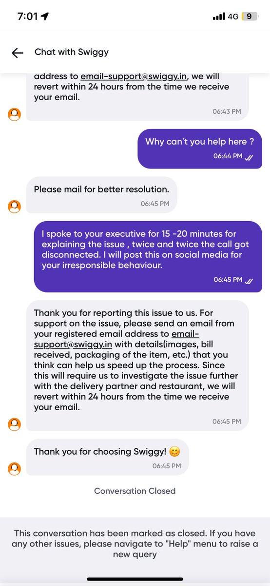 Mithunnair03's tweet photo. @SwiggyCares Just go through these customer support chats https://t.co/DkbhykWha4
