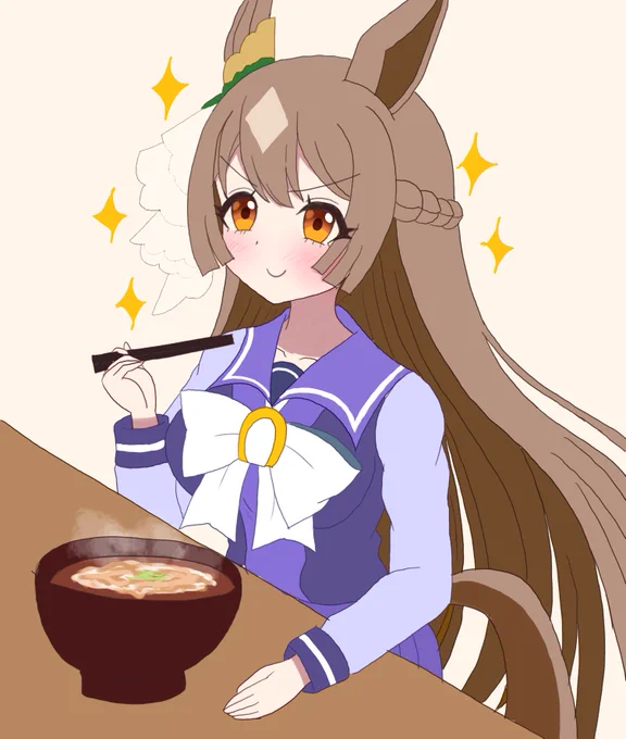 これはうどん屋でカレーを一切跳ねさせずにカレーうどんをエプロンなしで食べる挑戦をしようとするダイヤちゃん(あまりに無謀なので全力でエプロン付けるよう説得した)#ウマ娘 #サトノダイヤモンド 