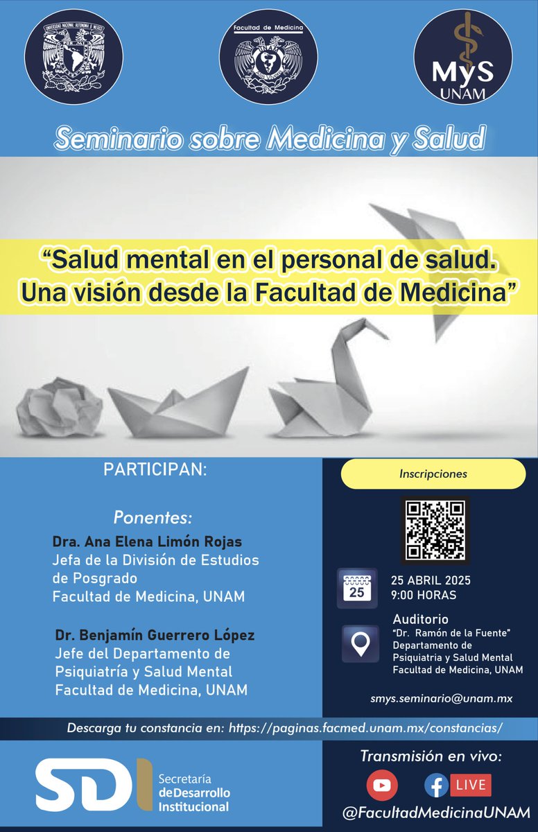 🔬 Seminario sobre Medicina y Salud 🧠
📅 25 de abril | 🕘 9:00 horas
📍 Auditorio Dr. Ramón de la Fuente
✉️ Informes: smys.seminario@unam.mx
📝Inscripción: goo.su/l0Ecy9V
#SaludMental #FacultadDeMedicina #UNAM