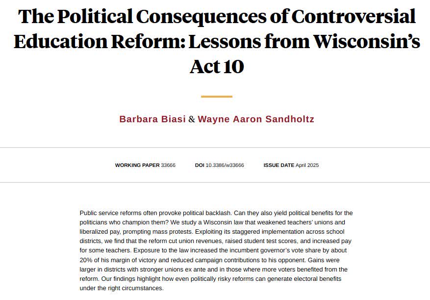 NBER (@nberpubs) on Twitter photo A 2011 Wisconsin reform weakened teachers' unions, raised test scores, and was a political win for its main proponent, from <a href="/BarbaraBiasi/">Barbara Biasi</a> and <a href="/wsandholtz/">Wayne Sandholtz</a> nber.org/papers/w33666 A 2011 Wisconsin reform weakened teachers' unions, raised test scores, and was a political win for its main proponent, from <a href="/BarbaraBiasi/">Barbara Biasi</a> and <a href="/wsandholtz/">Wayne Sandholtz</a> nber.org/papers/w33666