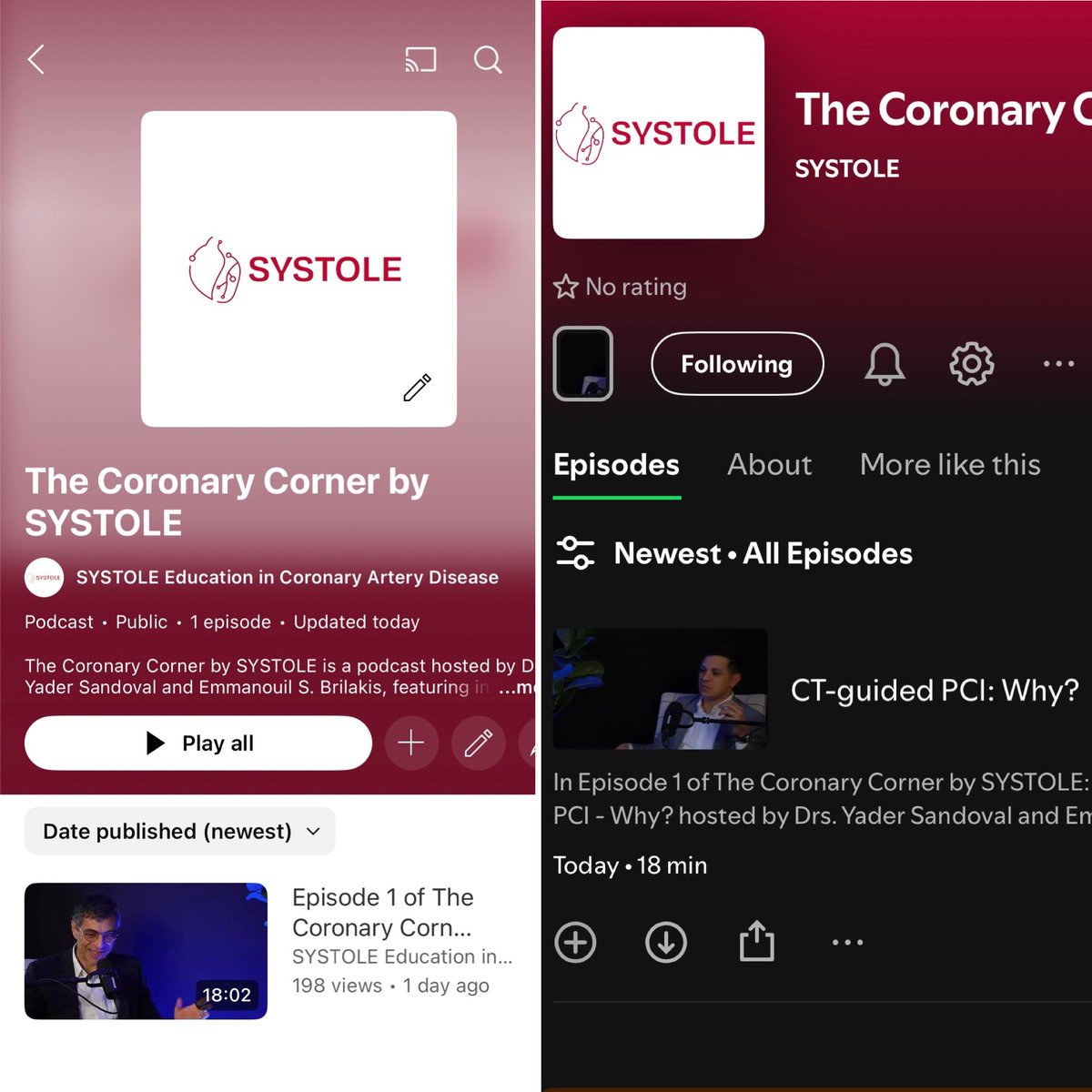 SYSTOLE (@systole_live) on Twitter photo 📢 The Coronary Corner Podcast by SYSTOLE is now available on YouTube and Spotify.
🎙️ Episode 1, hosted by Drs. Yader Sandoval <a href="/yadersandoval/">Yader Sandoval</a> & Emmanouil Brilakis <a href="/esbrilakis/">Emmanouil Brilakis</a>, explores CT-guided PCI: Why?
🔗 YouTube: bit.ly/4hO4CVv
🔗 Spotify: bit.ly/4j9jgaR 📢 The Coronary Corner Podcast by SYSTOLE is now available on YouTube and Spotify.
🎙️ Episode 1, hosted by Drs. Yader Sandoval <a href="/yadersandoval/">Yader Sandoval</a> & Emmanouil Brilakis <a href="/esbrilakis/">Emmanouil Brilakis</a>, explores CT-guided PCI: Why?
🔗 YouTube: bit.ly/4hO4CVv
🔗 Spotify: bit.ly/4j9jgaR