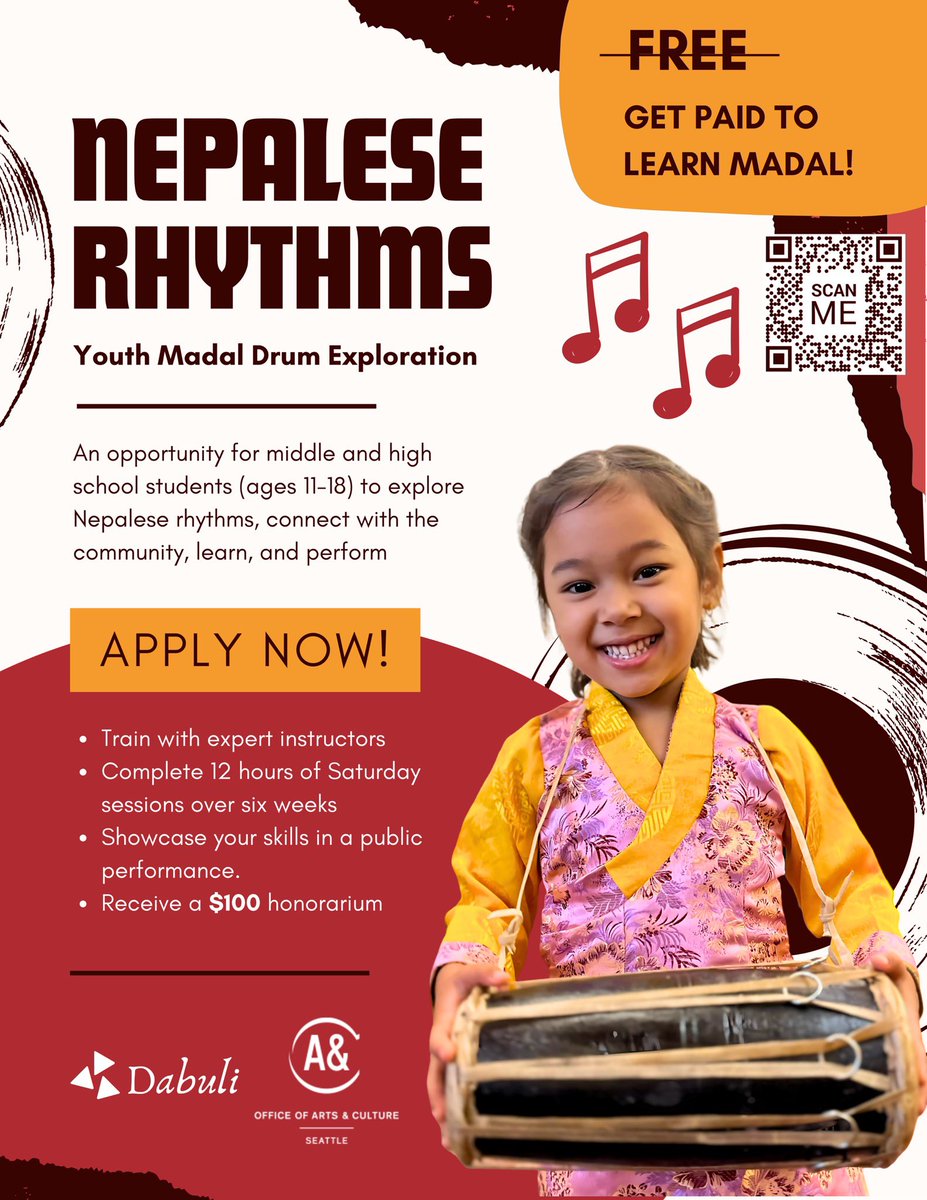jwajalapa's tweet photo. Get paid to learn Madal! Offering expert instruction, a chance to perform, and a $100 stipend for participants who complete the course.

Apply now: https://t.co/pT1ZwYsHZd
Details: https://t.co/vR0mptMB7W

#NepaleseRhythms #Madal #MadalDrum #SeattleYouth #LearnAndEarn https://t.co/L4yQ97FhQu