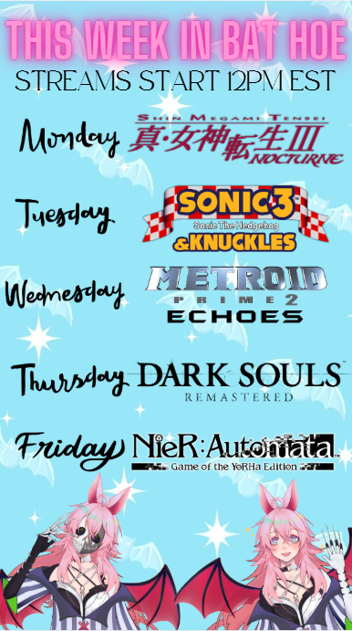 🦇✨ NOW IT'S ABOUT TIME WE GOT OURSELVES A CUTE LITTLE SCHEDULE WEE WOO WEE WOO I CAN'T BELIEVE IT! YEAAAAAHHH!!!✨🦇

Come Say Hi!! ⏬⏬
twitch.tv/daisychiroptera

#vtuber #VtuberSupport #ENVtuber #shinmegamitensei #smt #SonicTheHedgehog #sonic3 #metroid #darksouls #NieRAutomata