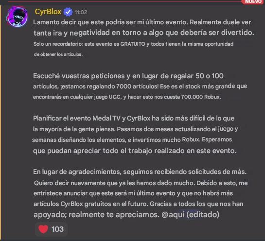 UgcNoticias_'s tweet photo. Comunicado de CyrBlox sobre su último evento en Medal TV

#Roblox #RobloxDev #RobloxFreeUGC #RobloxUGCLimited #RobloxEvents https://t.co/A8vpXTWJeH