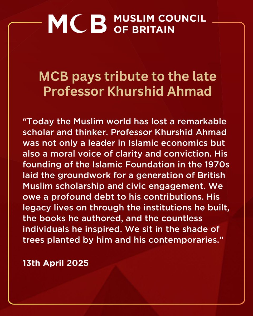 MCB (@muslimcouncil) on Twitter photo To Him we belong and to Him we return. Condolences on the passing of Professor Khurshid Ahmed to his family, the many organisations he chaired & founded and especially <a href="/tiforguk/">The Islamic Foundation</a> To Him we belong and to Him we return. Condolences on the passing of Professor Khurshid Ahmed to his family, the many organisations he chaired & founded and especially <a href="/tiforguk/">The Islamic Foundation</a>