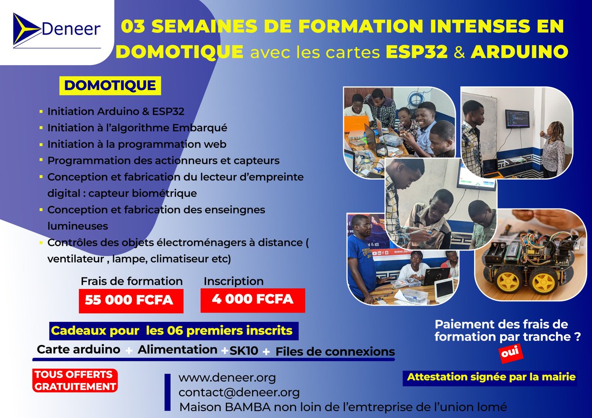 Deneer_SARL's tweet photo. #Domotique avec les cartes ESP32 &amp; #Arduino !
📌 Programmation, biométrie, objets connectés... 🎁 Kit offert aux 6 premiers inscrits ! 💰 55 000 FCFA📍Lomé
👉 https://t.co/gR4ahGTkTK | 📩 contact@deneer.org
🔗 WhatsApp : +228 92 60 77 95
#Tech #Formation #IoT #Togo #ArduinoESP32 https://t.co/Rf9U8dXEXy