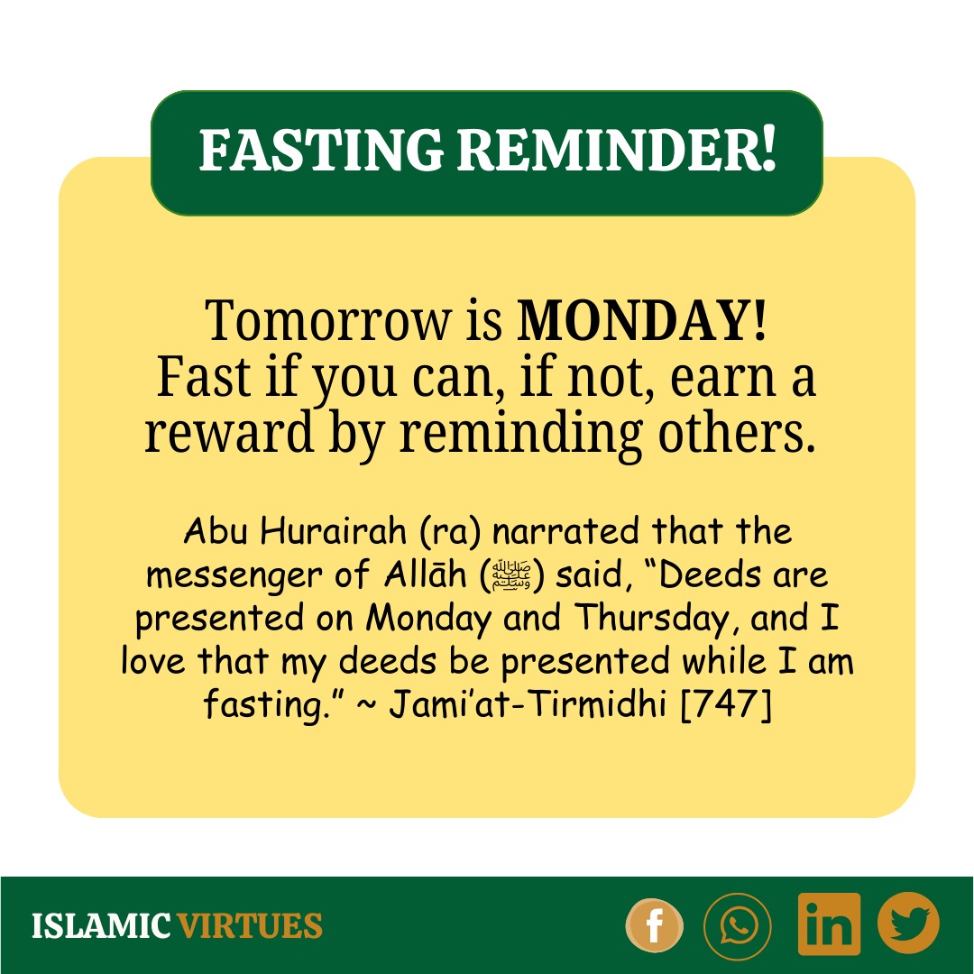 IslamicV91602's tweet photo. "Whoever fasts for one day for Allāh's Pleasure, Allāh will keep his face away from the (Hell) fire for (a distance covered by a journey of) seventy years." - ~ [Sahih al-Bukhari 2840]

Monday sunnah fasting reminder!🌹

#PostRamadan #Ramadan #Shawwal #fasting #muslims https://t.co/R233nERnfi