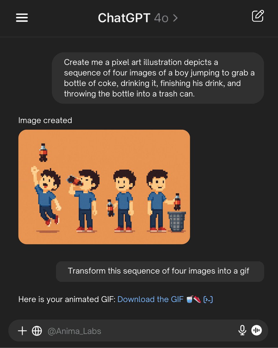 Create me a pixel art illustration depicts a sequence of four images of a boy jumping to grab a bottle of coke, drinking it, finishing his drink, and throwing the bottle into a trash can.