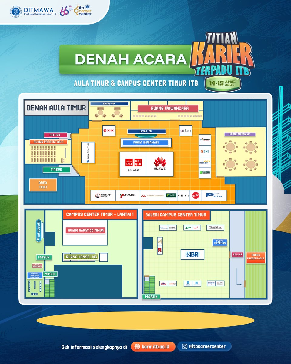 [TITIAN KARIER TERPADU ITB APRIL 2025]

📍 Yuk intip denah area Titian Karier Terpadu ITB 2025!

Biar nggak bingung keliling, ini panduan lengkap lokasi booth perusahaan, ruang wawancara, ruang presentasi, sampai spot seru lainnya! 😍
