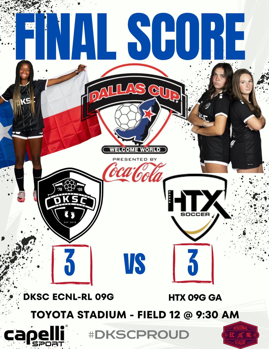 First game of the Dallas Cup resulted in a tie! Great hustle by all and special recognition to Jules Lozano with two great corner kicks with one resulting in an own goal.
Goals: Jules Lozano #27 (2) 
Assists: Misa Barrie#4 (1)  
#dkscproud #ecnlrl #texascup2025