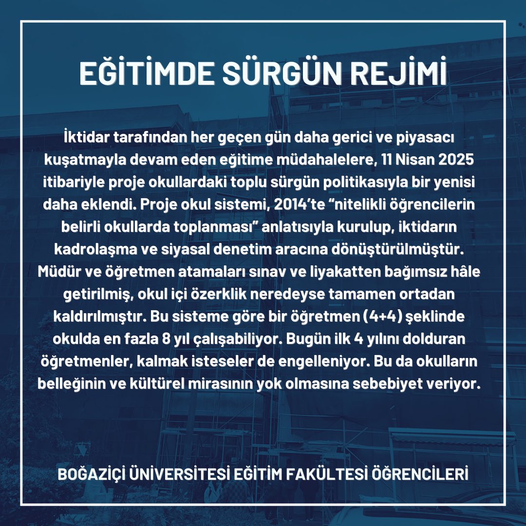 BounSced's tweet photo. İktidar tarafından her geçen gün daha gerici ve piyasacı kuşatmayla devam eden eğitime müdahalelere 11 Nisan 2025 tarihi itibariyle proje okullardaki TOPLU SÜRGÜN politikasıyla bir yenisi daha eklendi. https://t.co/F0bpLF32pW