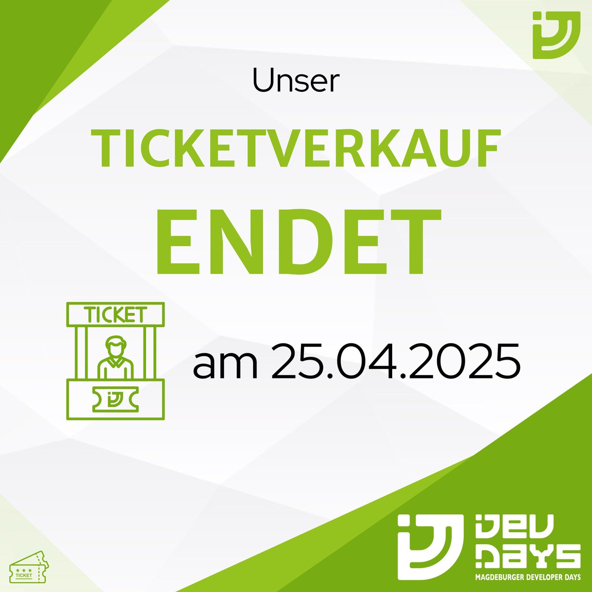 Magdeburger Developer Days (@devdaysmd) on Twitter photo Der Countdown für die #mddevdays25  läuft. Am Freitag dem 25.04. wollen wir unseren Ticketverkauf schließen. Also seid schnell und sichert euch euer Ticket für die #mddevdays.
Die Tickets findet ihr hier: md-devdays.de/ticket-overview Der Countdown für die #mddevdays25  läuft. Am Freitag dem 25.04. wollen wir unseren Ticketverkauf schließen. Also seid schnell und sichert euch euer Ticket für die #mddevdays.
Die Tickets findet ihr hier: md-devdays.de/ticket-overview