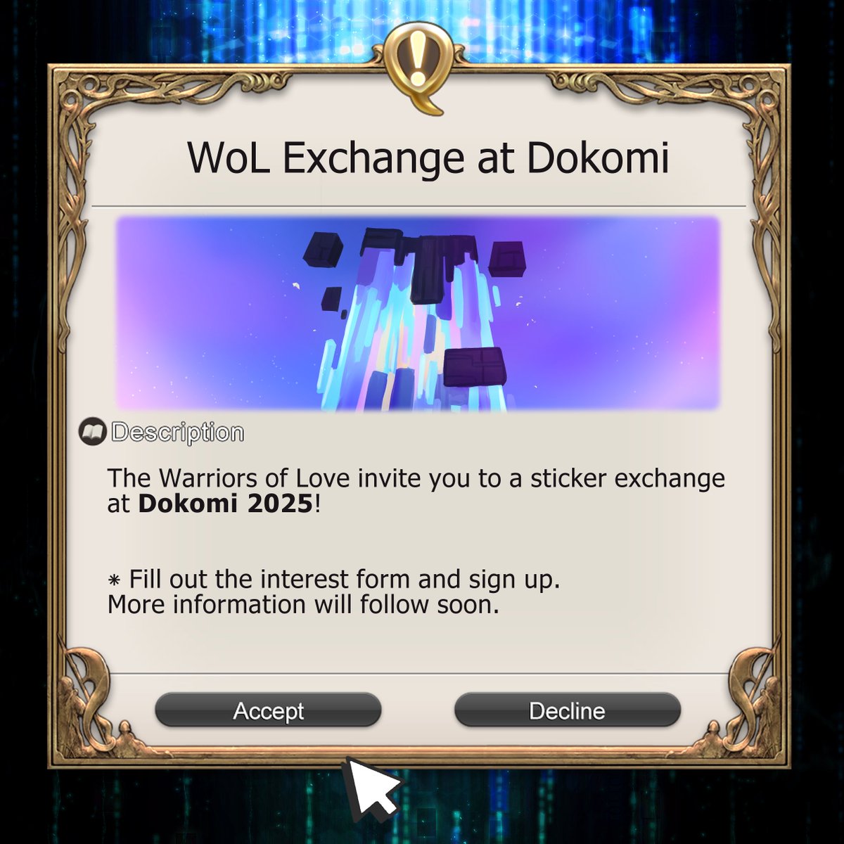 ✨#FFXIV Sticker Exchange at #Dokomi 2025✨

I present to you the #EverkeepExchange !
Each participant will get an exclusive event sticker and wristband to show off 👀

Please fill out the interest check below, so we can settle for dates and the amount of freebies ⬇️